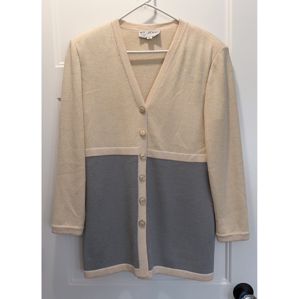 Vintage St. John Collection Wool Blend Cardigan Cream Blue Size M With COA